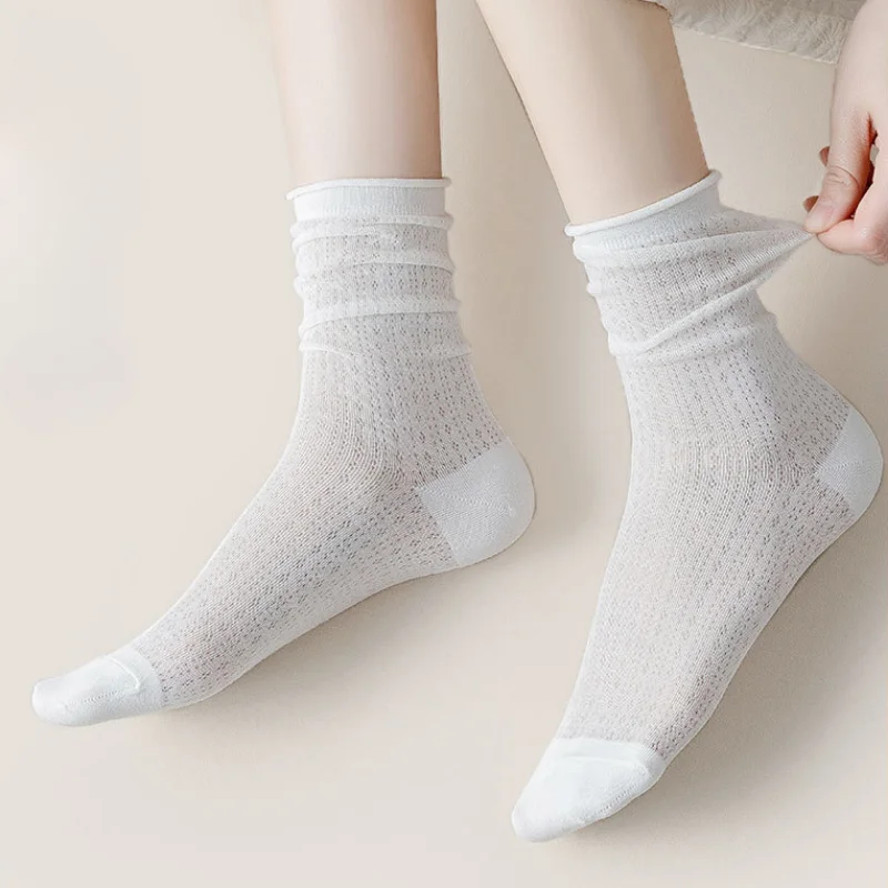 5 Pairs Women Cotton Socks Middle Tube Solid Color  Breathable Spring Summer Loose Long Socks Mesh Thin Soft Ruffle Casual Sock