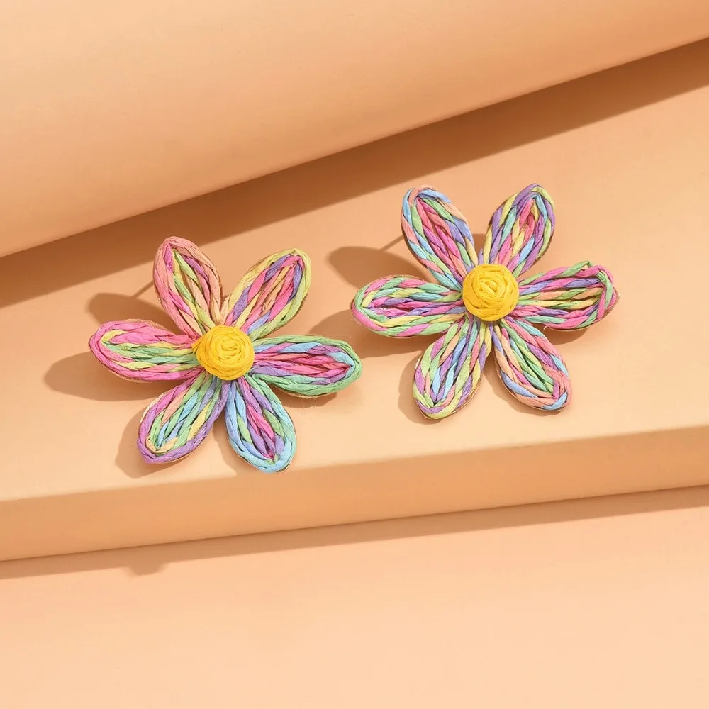 Raffia Sunflower Earrings Ethnic Style Exaggerated Shape Weaved Ear Accessories Bohemia Jewelry Flower Stud Earrings Holiday