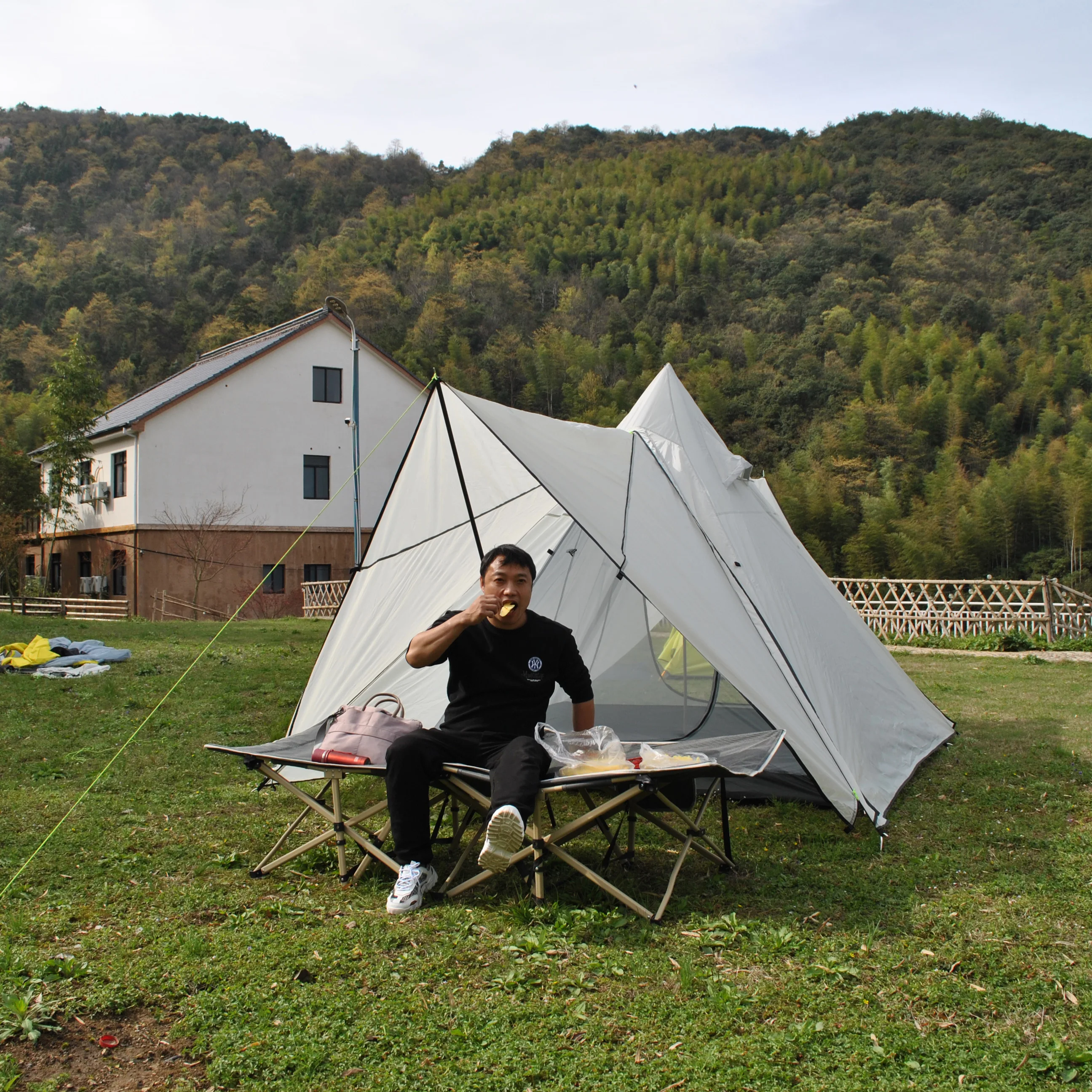 White Large Double‑Layer Teepee Tent, Waterproof Family Camping Pyramid Tent, Portable Outdoor Shelter for Group Camping