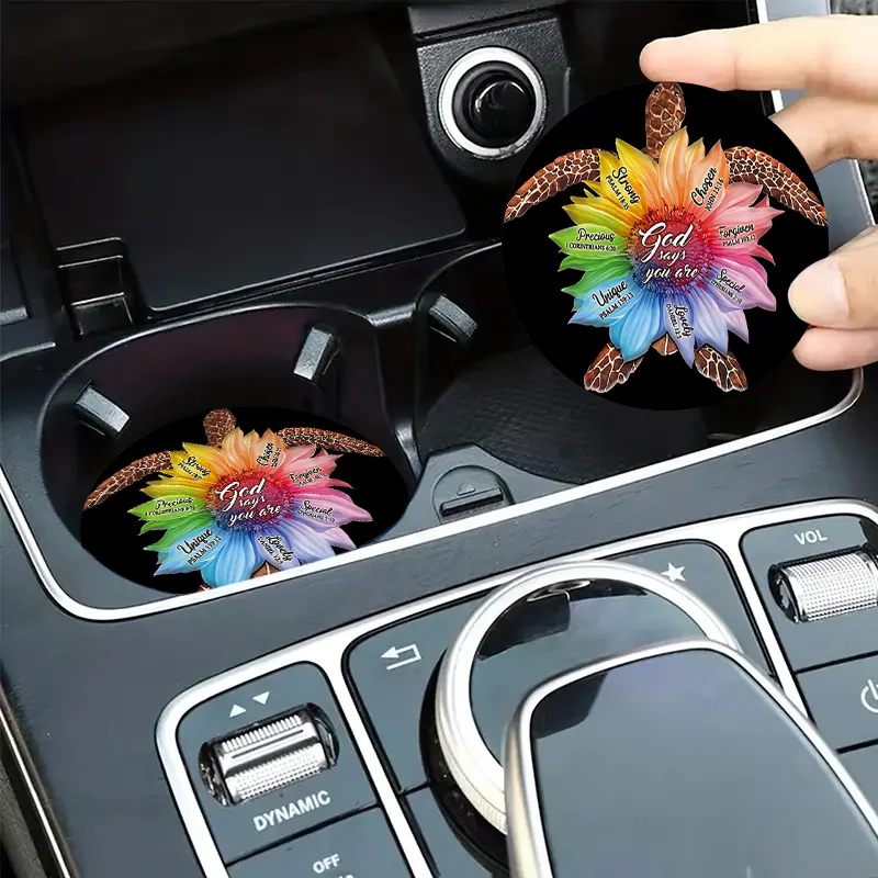 2pcs/Set Inspirational Quotes Sunflower Turtle Car Coasters, 2.75