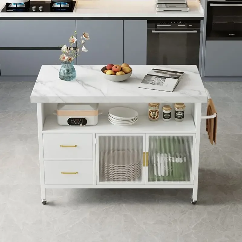 Nordic Marble Kitchen Movable Island Open Bar Side Cabinet with Drawers Locker Cooking Desk