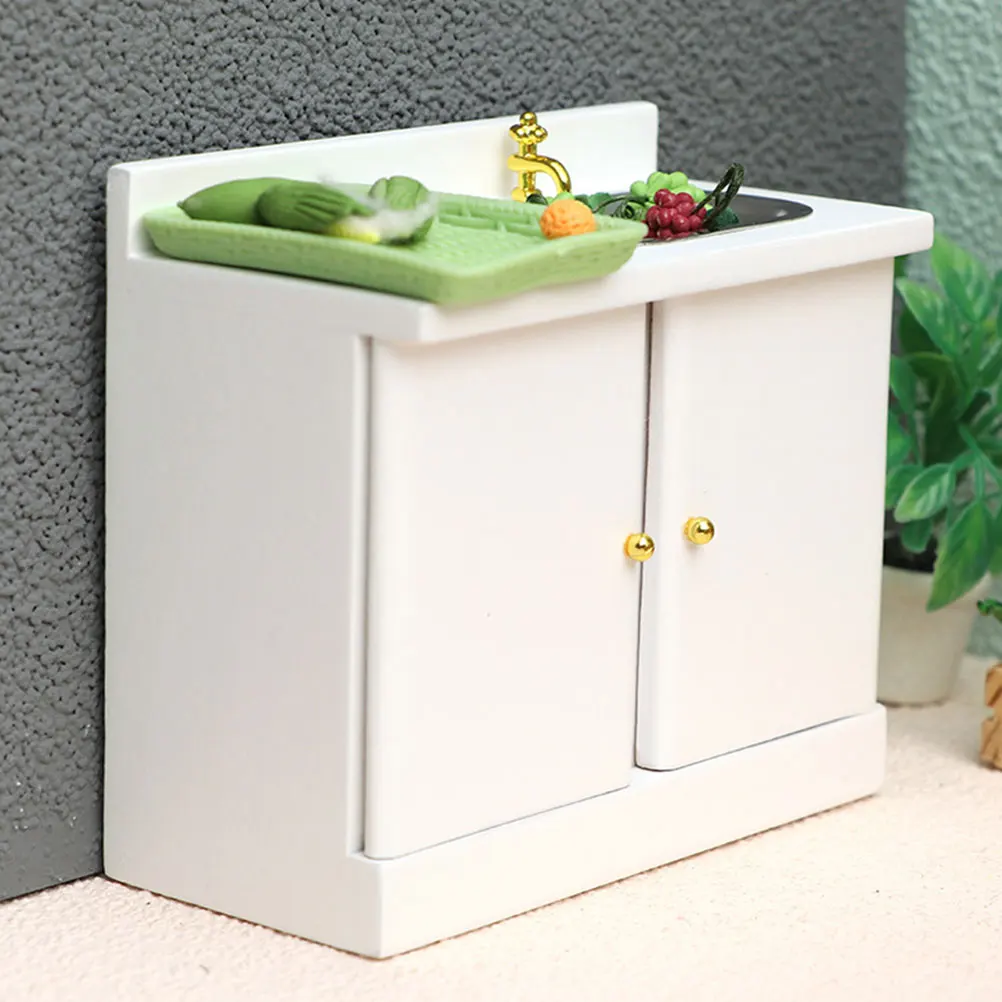 Houten Mini Aanrecht Kast 1:12 Schaal voor Mini Huis Decoratie Desktop Versiering Fotografie Prop Realistisch Ontwerp