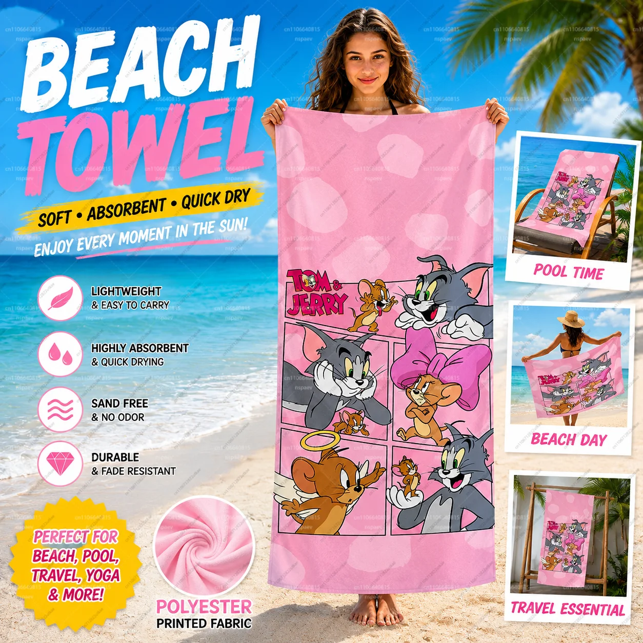 Toalla de playa con fondo de corazón rosa, panel de cómic T-Tom&Jerry, estampado de ángel Jerry con lazo, de secado rápido, absorbente, para natación y baño, estilo anime