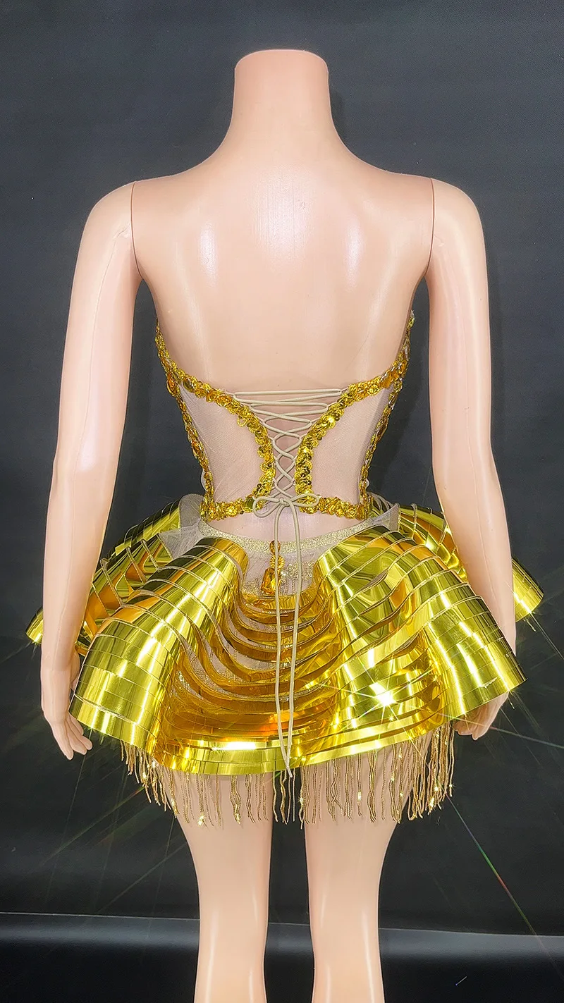 Minivestido dorado brillante sin tirantes para mujer, traje Sexy de 2 piezas para fiesta de cumpleaños, celebración, actuación, ropa de escenario