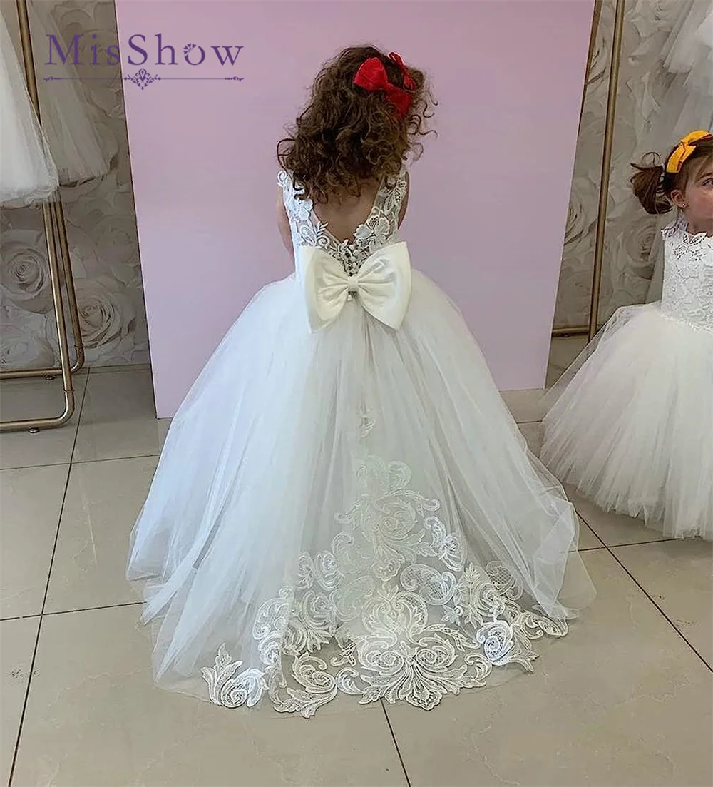 MisShow-vestidos blancos de flores para niña, vestidos Vintage con botones, lazo de tul, vestido de fiesta de boda para niña con tren de encaje largo, vestido de primera comunión