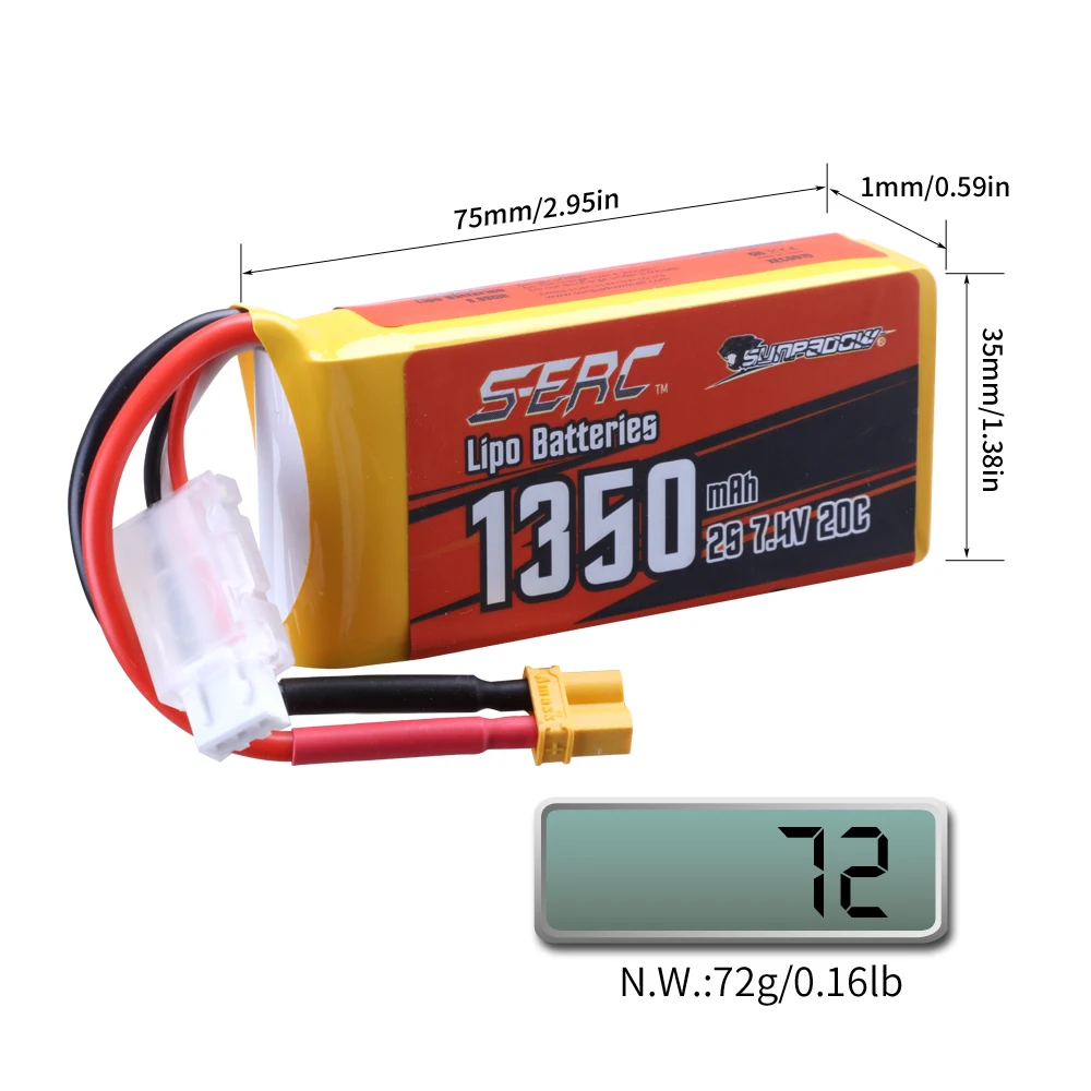 Sunpadow 2S Lipo Battery for 7.4V 900mAh 1350mAh 20C 25C Batteries Soft Pack with JST XT30 Plug for RC Airplane Quadcopter 2pack