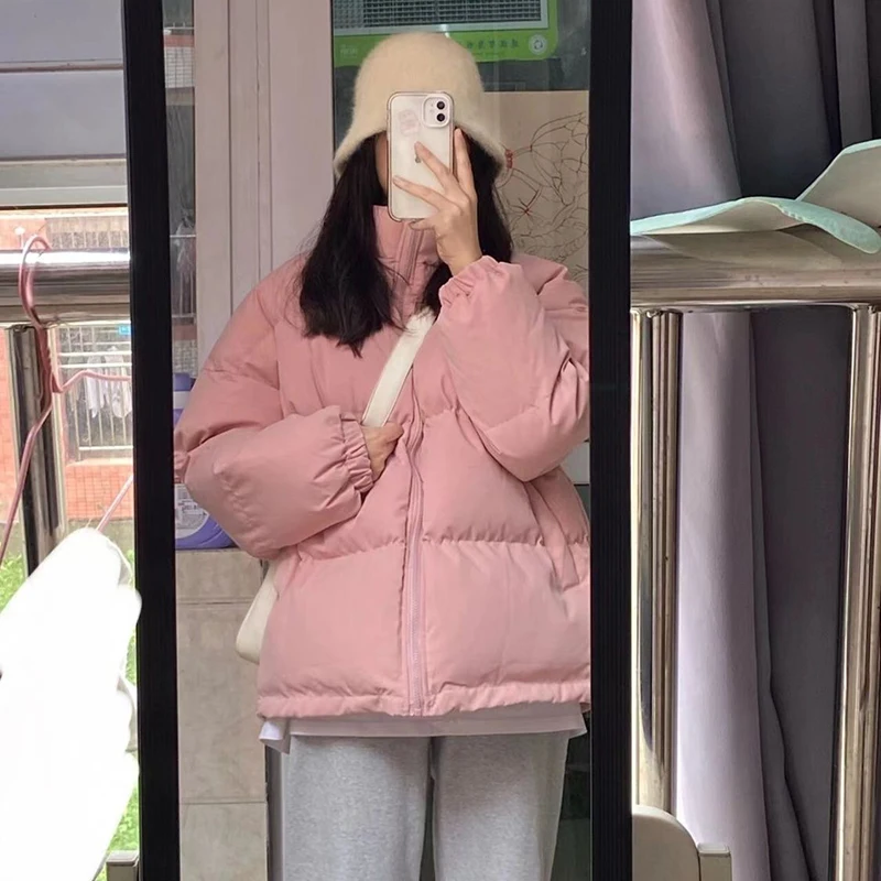Rimocy Korean Stand Collar Pink Parkas Women Autumn Winter Thick Warm Puffer Jackets Woman Long Sleeve Zipper Cotton Padded Coat