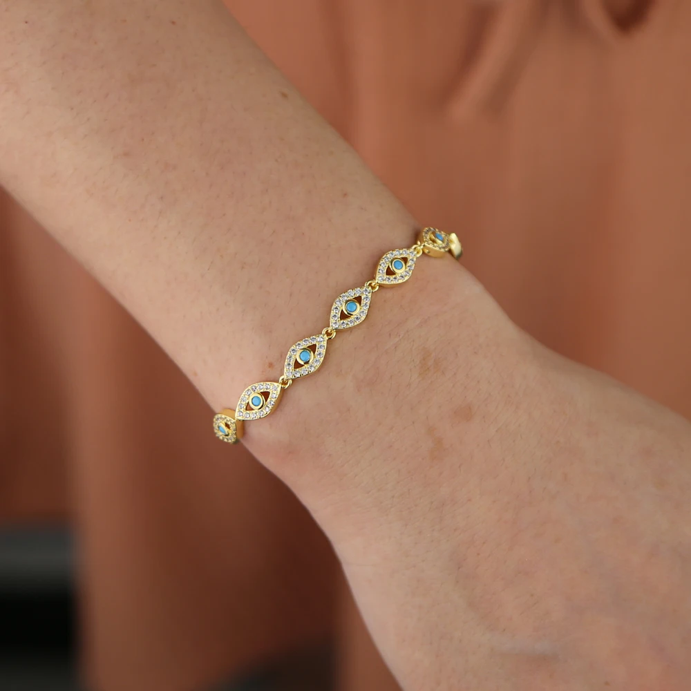 15+4cm gold color filled micro pave cz lovely turkish evil eye charm beads linked bracelet for girl women fashion jewelry