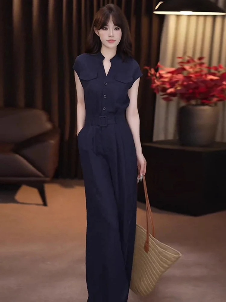 

Korean Sle Women's Slimming V-Ne ort Sve High Waist Wide Leg Pants One-Piece Suit Summer Faion Casual Pants