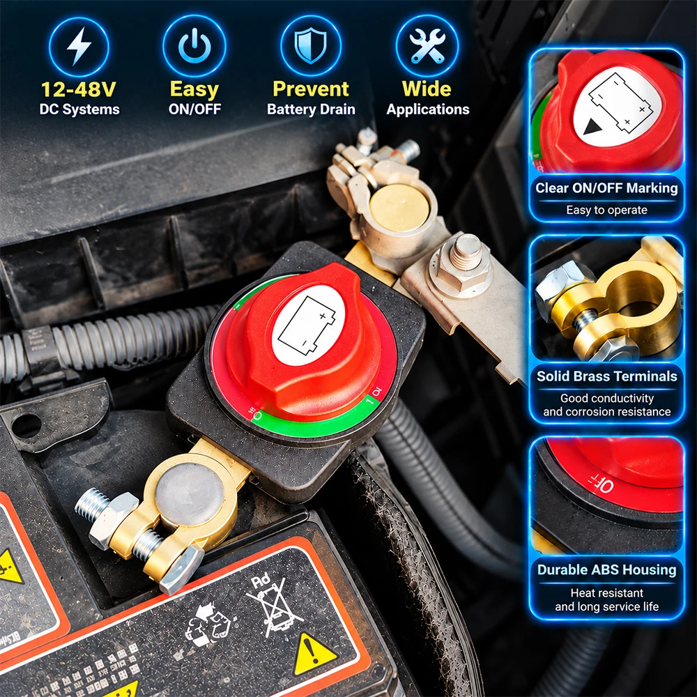 Top Post Battery Disconnect Switch 12V-48V Battery Kill Switch Negative On/Off Battery Switch for Cars Vehicles RVs and Boats