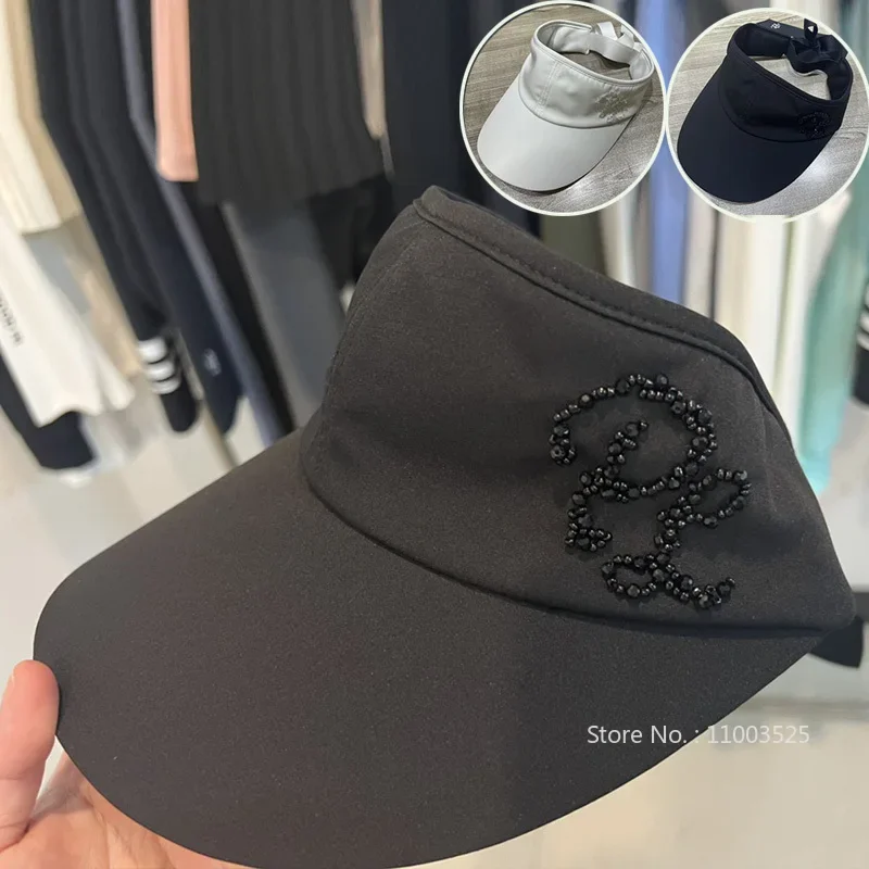 Golf Hat Women\'s Open Top Elegant Hats Korean Bowknot Ribbon Embroidered Sports Caps Girls Diamonds Bead Tennis Sun Visor