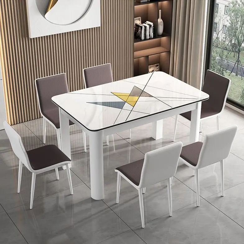 

！@Modern Minimalist Dining Table Chair Combination Mental Legs Sintered Stone Top for Living Room Small Unit Rectangular
