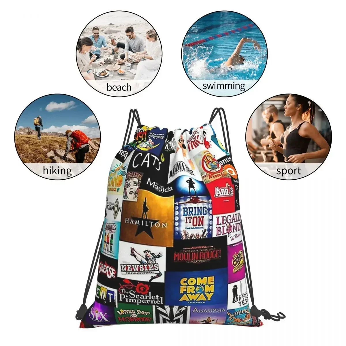 Broadway Show Logo Collage Mochilas, sacos de cordão portáteis Bundle Pocket Storage Bag, Bookbag para homens e mulheres, estudantes