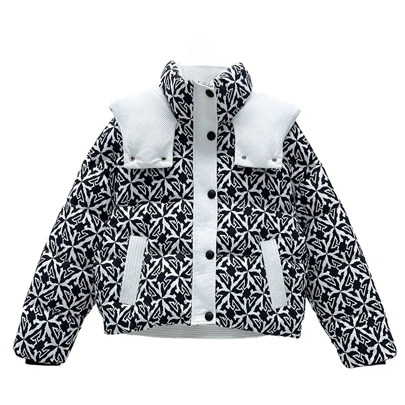Piumino stampato alla moda invernale New American Vintage Y2k Colore a contrasto con cappuccio Top ispessito Piumino con cappuccio da donna