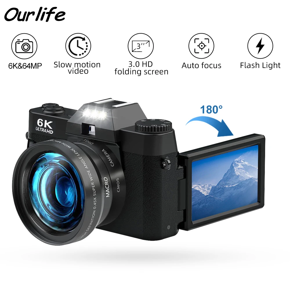 Ourlife Compact Digital Photography Camera 6K WIFI WebCam Vintage Vlog Video Recorder YouTube 64MP Camcorder 16X Zoom Camera