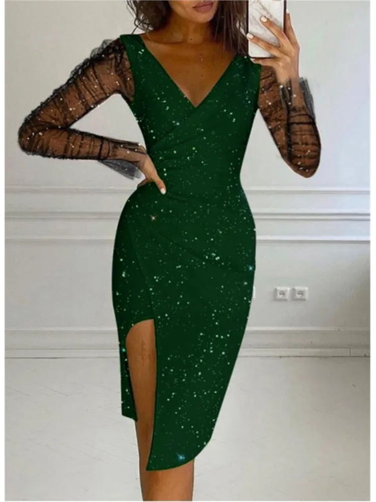 Autumn Winter Women's Clothing New Style Hot Diamond Sexy V-neck Bag Buttocks Sexy Mesh Dress Formal Dress For Women