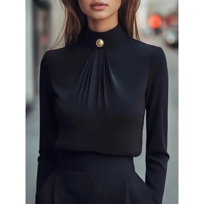 

2026 New Elegant Black High Neck Blouse Women Long Sleeve Pleated Office Wear Tops With Gold Button Detail