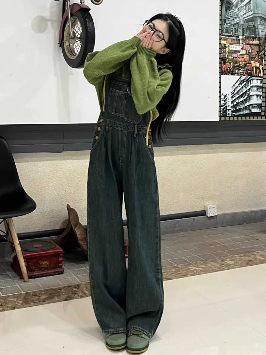 

Slimming Denim Overalls Women's Early Spring Autumn Small Size High Waist Straight Leg Slightly Plump MM Floor-Length Wide Le...