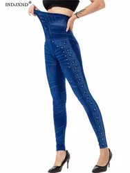 INDJXND-Jegging en Faux Denim pour Femme, Leggings Imprimés, Slim, artificiel astique, Sans Couture, Pantalon Crayon Slim, Entraînement Féminin, Course à Pied, Longueur