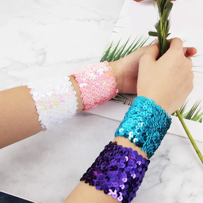 Women Trendy Sequins Wrist Cuffs Stretchy Elastic Sparkling Arm Sleeves for Festive Carnival Party Club Stage Show Costume Props