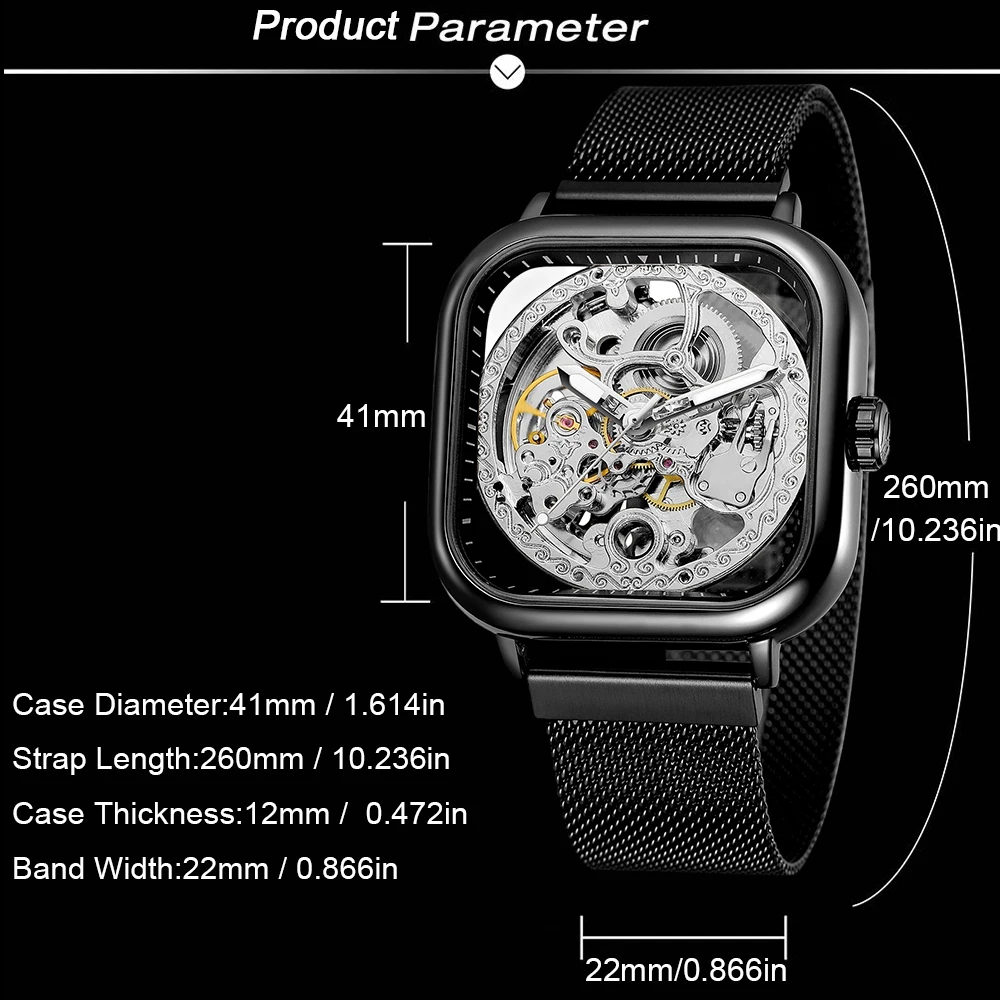 FORSINING Engraved Men Watches Automatic Skeleton Mechanical Luminous Hands Hollow Carving Square Case Mesh Steel Band Man Clock