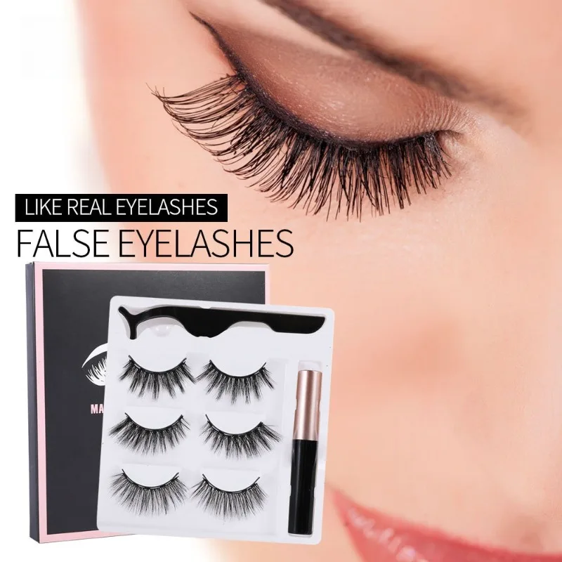 3 Pairs Magnetic Eyelashes Eyeliner Tweezers Set Natural No Glue Need Thick and Slender False Lashes Lasting EyelashMakeup Tools