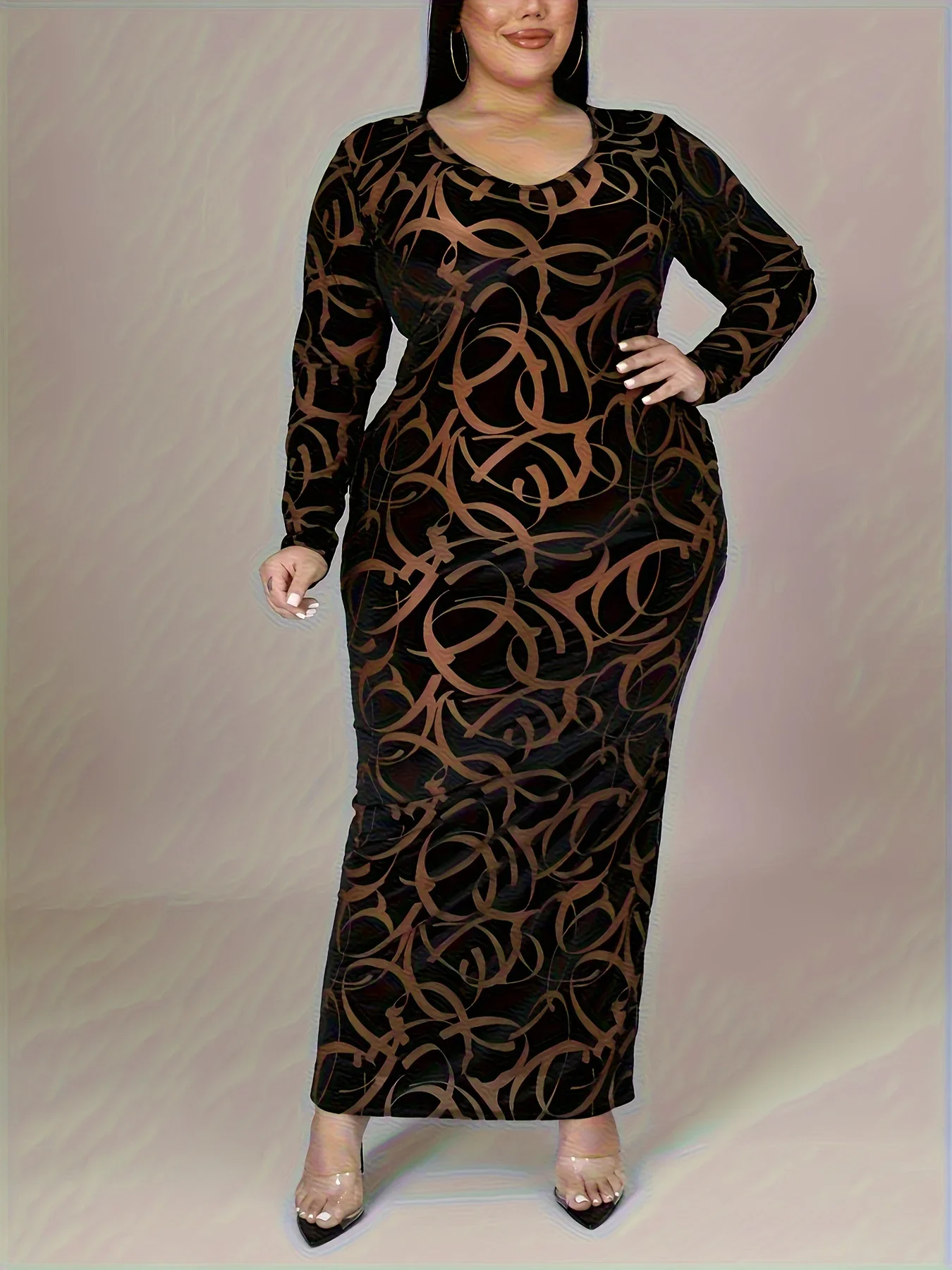 Plus Size Chic Graffiti-Printed Maxi Dress - Flattering Long Sleeve V-Neck Bodycon Style Perfect for Casual to Party Occasions