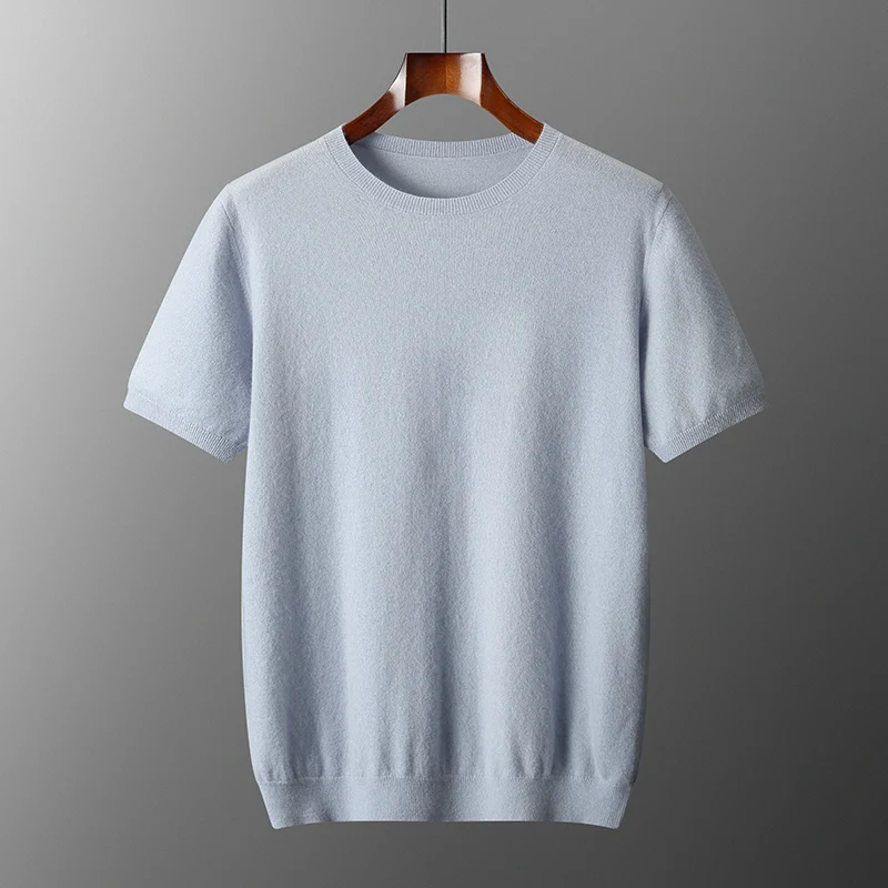 

100% pure cashmere men's short sleeved sweater business casual solid color knitted pullover T-shirt loose round neck Tops warm