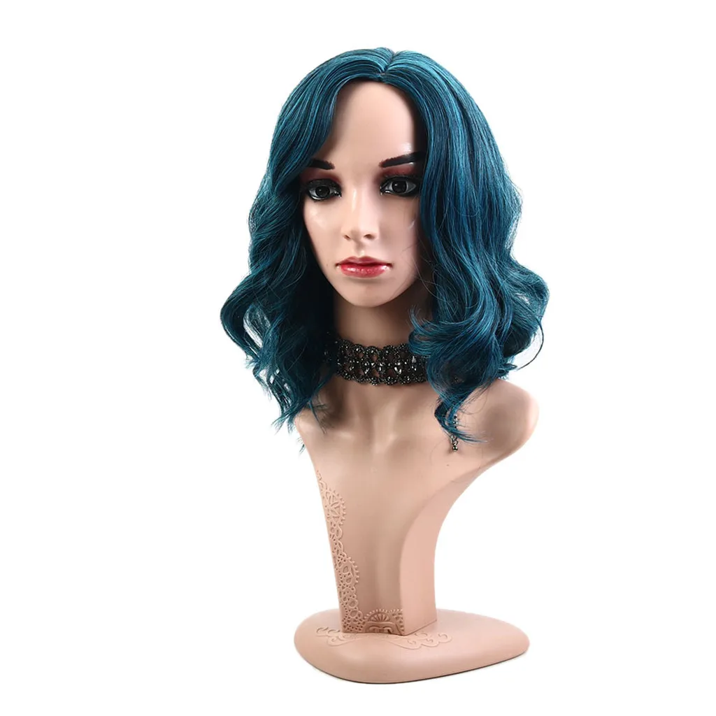 Peruca de cabelo encaracolado sintético para mulheres, perucas cosplay, parte lateral azul curta, alta temperatura, fibra de seda, diariamente, natural