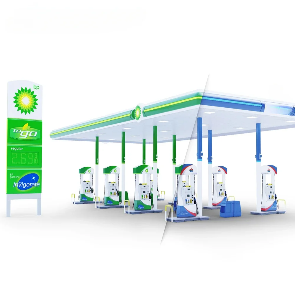 

Custom gas station and design steel petrol fuel accessories pylon sign frame design gas station canopy gas station