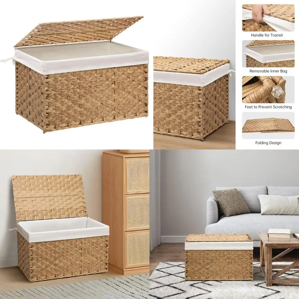 

Large 105L Wicker Storage Basket with Lid, Foldable, Metal Frame, Removable Liner for Bedroom and Laundry Room, Natural