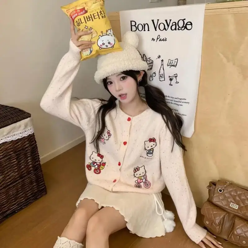 เสื้อคาร์ดิแกนถักไหมพรมลายการ์ตูนซานริโอ้ สไตล์น่ารักหวานๆ ลายเฮลโลคิตตี้  แบบหลวมๆ