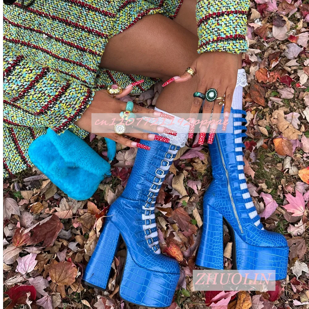 

Blue Snakeskin Platform Boots Round Toe Chunky Heel Buckle Design Mid-Calf Boots Sexy Party Gladiator Style Big Size High Heels