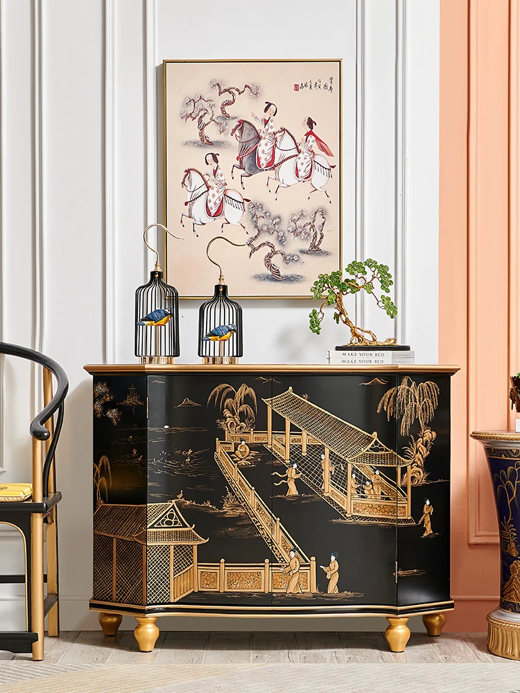 Black Gold Painting French Style Mid-Ancient Painted Figure Villa High-End Entrance Solid Wood Porch Lobby Curio Cabinet