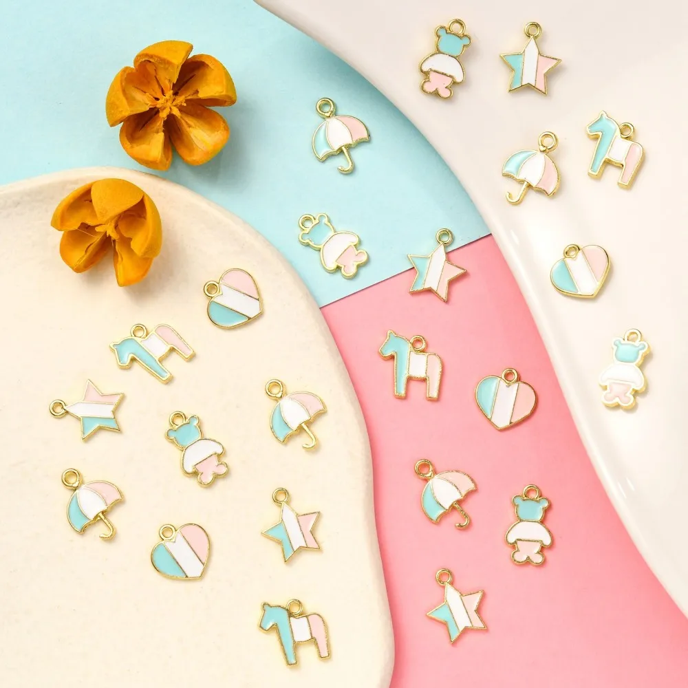 PandaHall  50 Pcs 5 Styles Rainbow Pastel Colored Enamel Bear Horse Heart Umbrella Star Charms for Jewelry Making