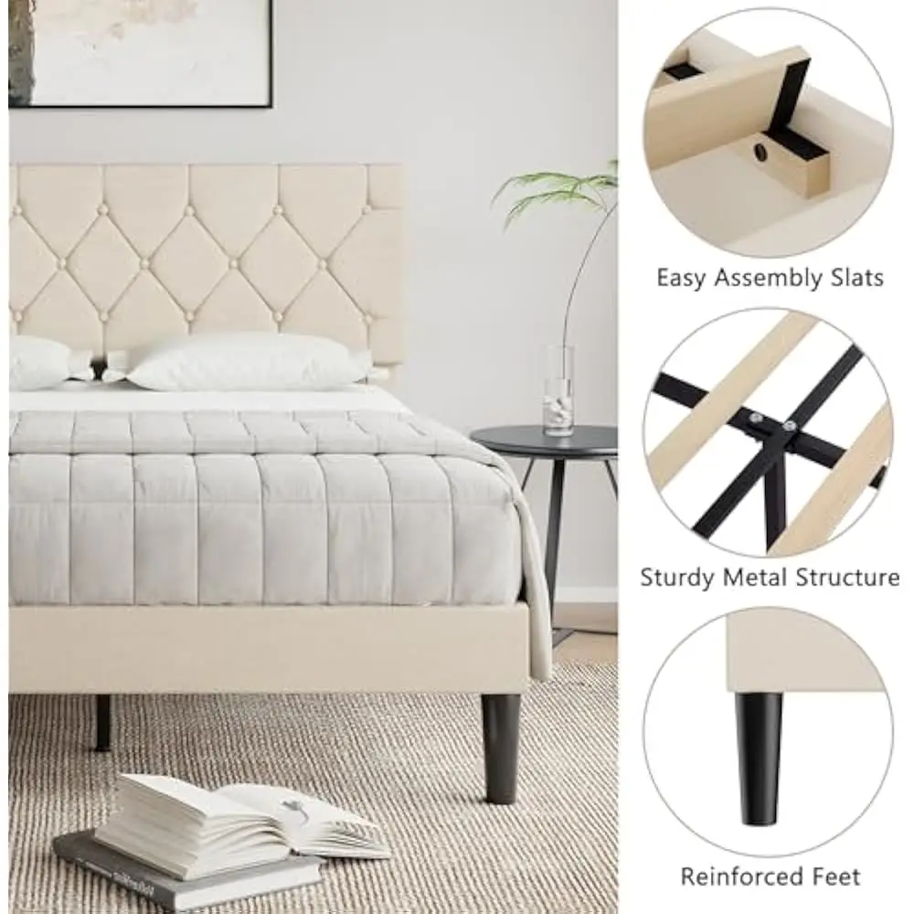 Estrutura de cama queen size com cabeceira tufada de botão, plataforma com suporte de ripas de madeira, sem necessidade de molas, estrutura de cama