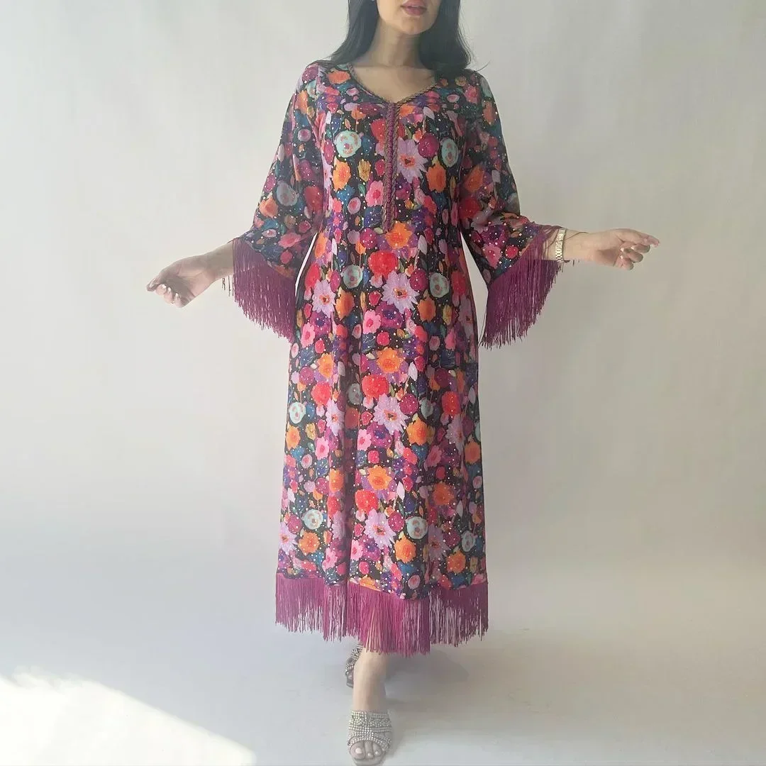 Tassel Floral Printed Abaya Eid Diamonds V-neck Jalabiya Dress Women Long Sleeve Robe Muslim Ramadan Djellaba Kaftan Loose Gown