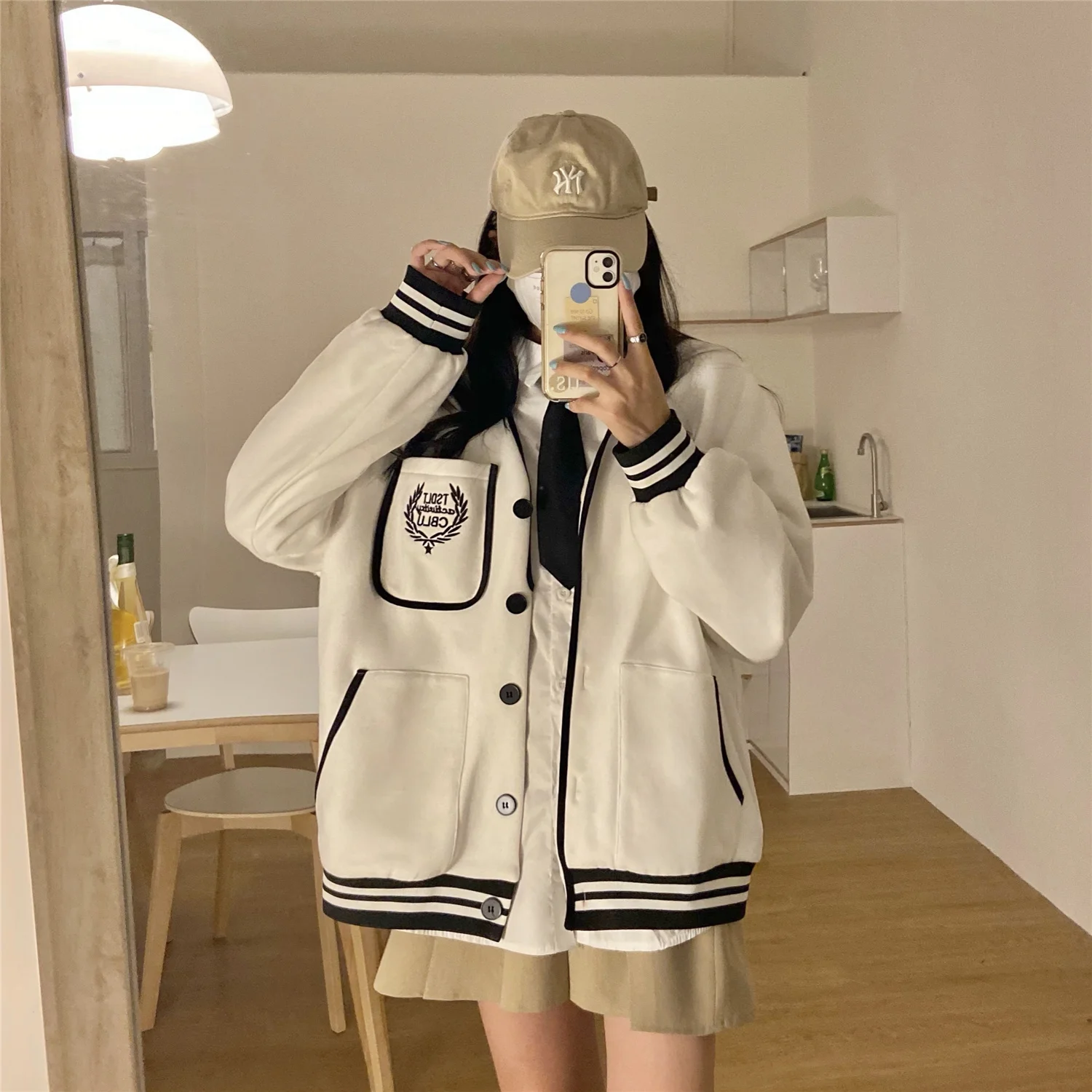 Student Girl Coat Baseball Jacket Boyfriend Spring Korean Loose Cotton Oversized American Versatile White Long Sleeved Cardigan