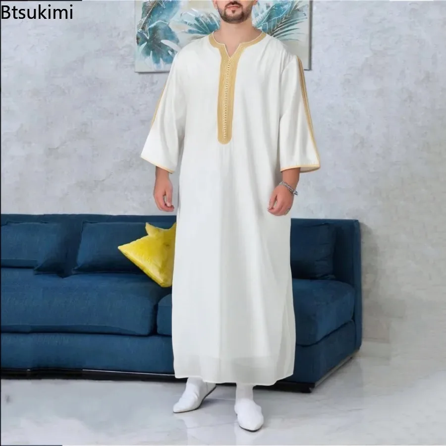 New Eid Muslim Men Clothing Ethnic Style Splice Embroidered Long-sleeved Abayas Saudi Arabic Loose Casual Robe Male Muslim Thobe
