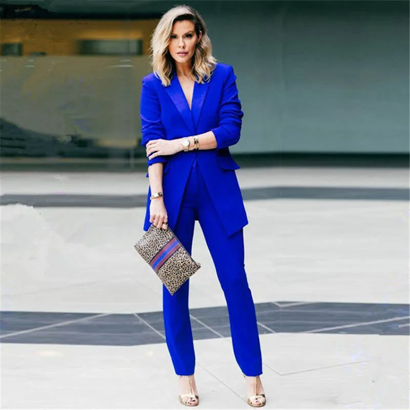 

Woman's Pantsuits Royal Blue Tailored Collar Long Sleeve Blazer Ladies Double Breasted Jacket Pants Elegant Work Pant Suit 2023