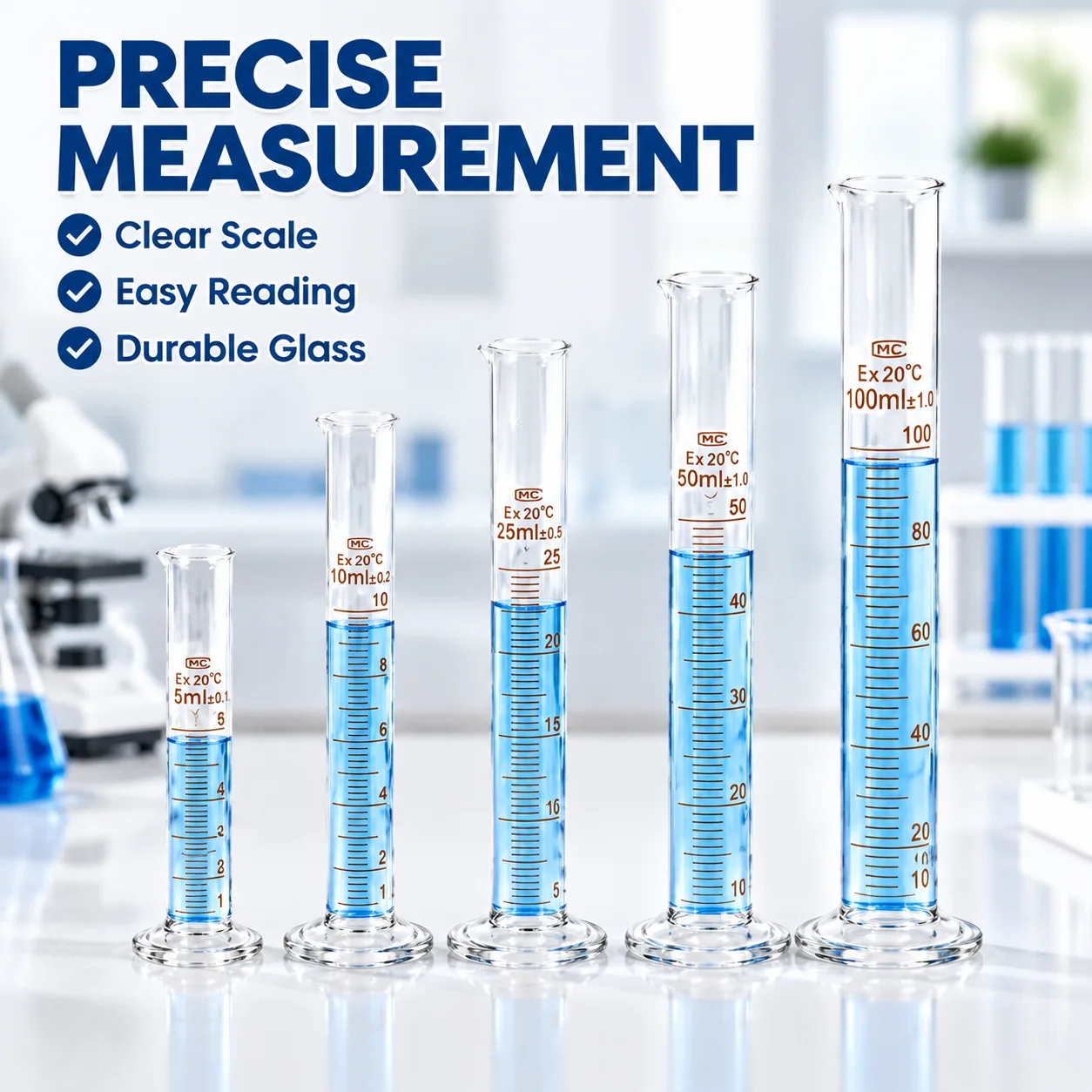 5PCs Glass Measuring Cylinder Set 5ml 10ml 25ml 50ml 100ml Graduated Lab Cylinder with Clear Scale, Thick Borosilicate Glass