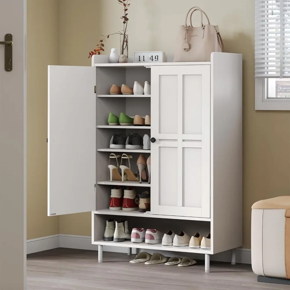 

Shoe Storage Cabinet with Cross Molding Doors, 6-Tier Farmhouse Shoe Cabinet with 3 Adjustable Shelves and Metal Legs, 45'' Tall
