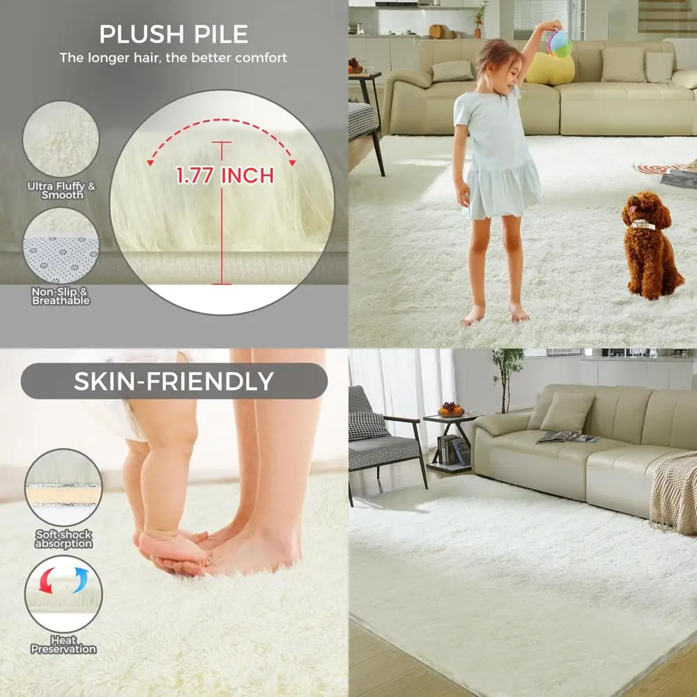 

Upgraded Cream White 8x10 Shaggy Rug, Perfect for Living Room, Bedroom, and Dorms, Non-Slip and Durable for Home Decor Aesthetic