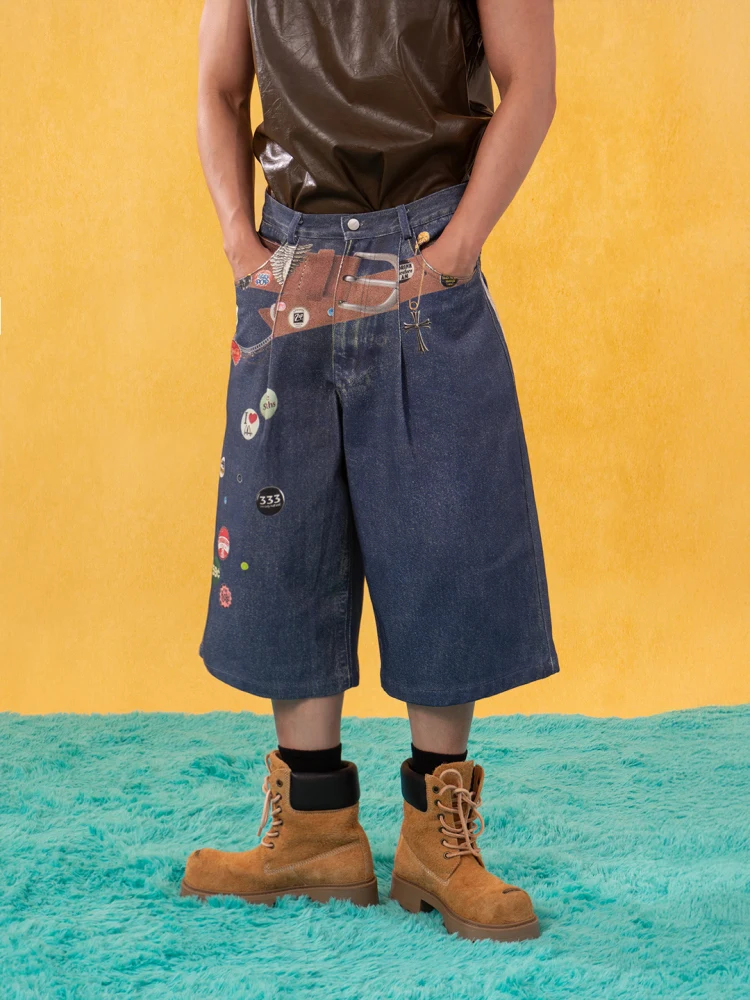 

Citylaziestplayer Blue Emblem Printed Wide Leg Jeans Shorts Men's Women's Casual Summer Loose Fit Straight Cut Denim Shorts