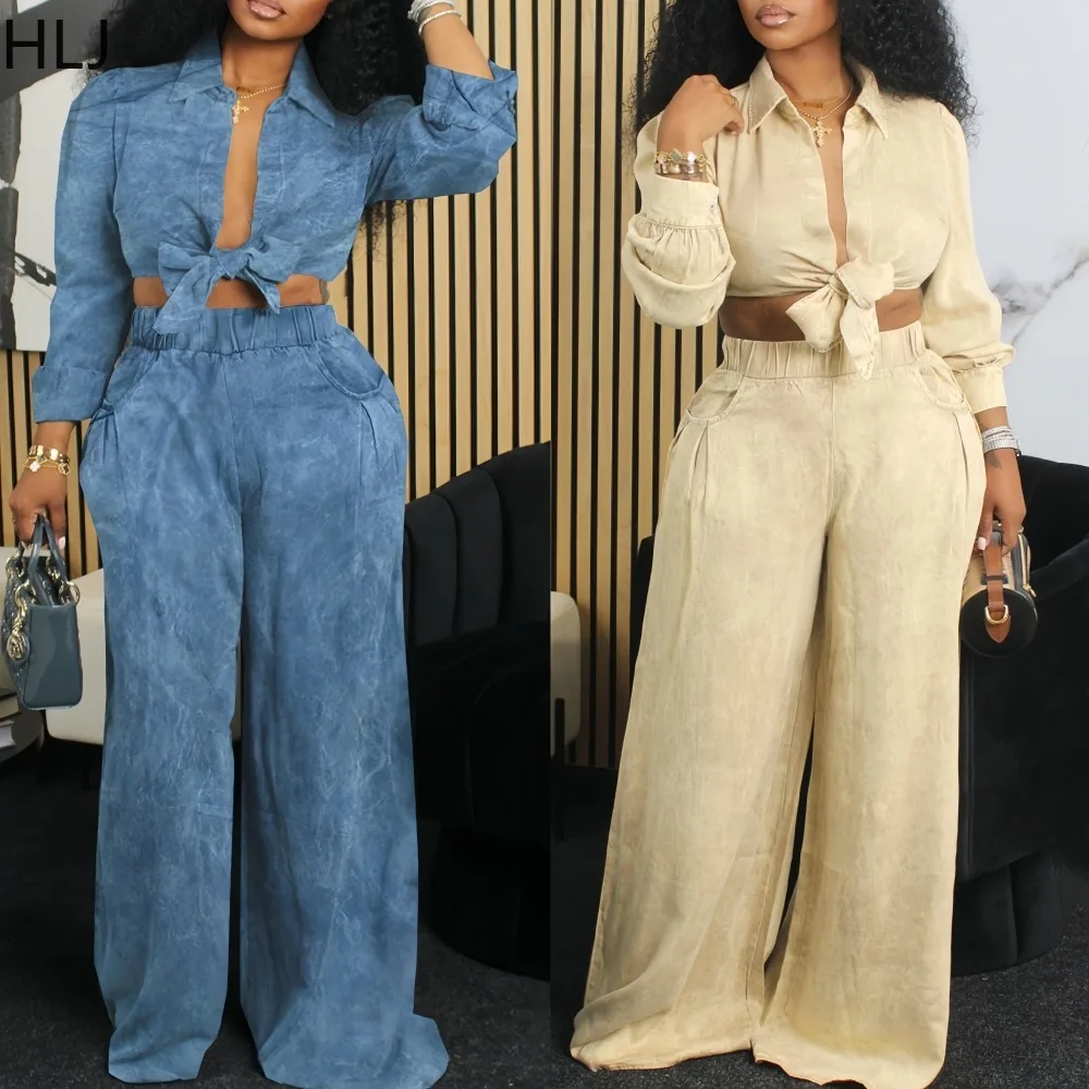 

HLJ Winter New Casual 2 Pieces Set for Woman Solid Color Long Sleeves Crop Top + Skiny Pants Matching Female Streetwear Clothing