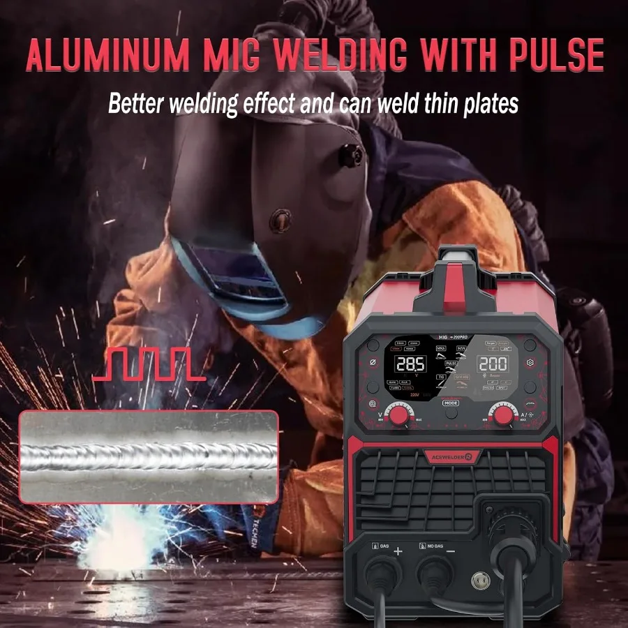 آلة لحام متعددة المعالجات مع الألومنيوم MIG لحام نبض 200A 7in1 وظيفة للغاز MIG Pulse MIG Gasless Flux Core Sti