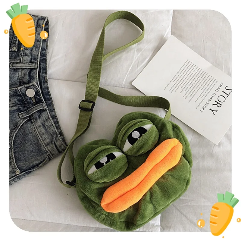 Sad Frog pepe Backpack Funny Cute Shoulder Bag Plush Contrast Color Big Eyes Frog Big Mouth Large Capacity Creative Satchel Gi