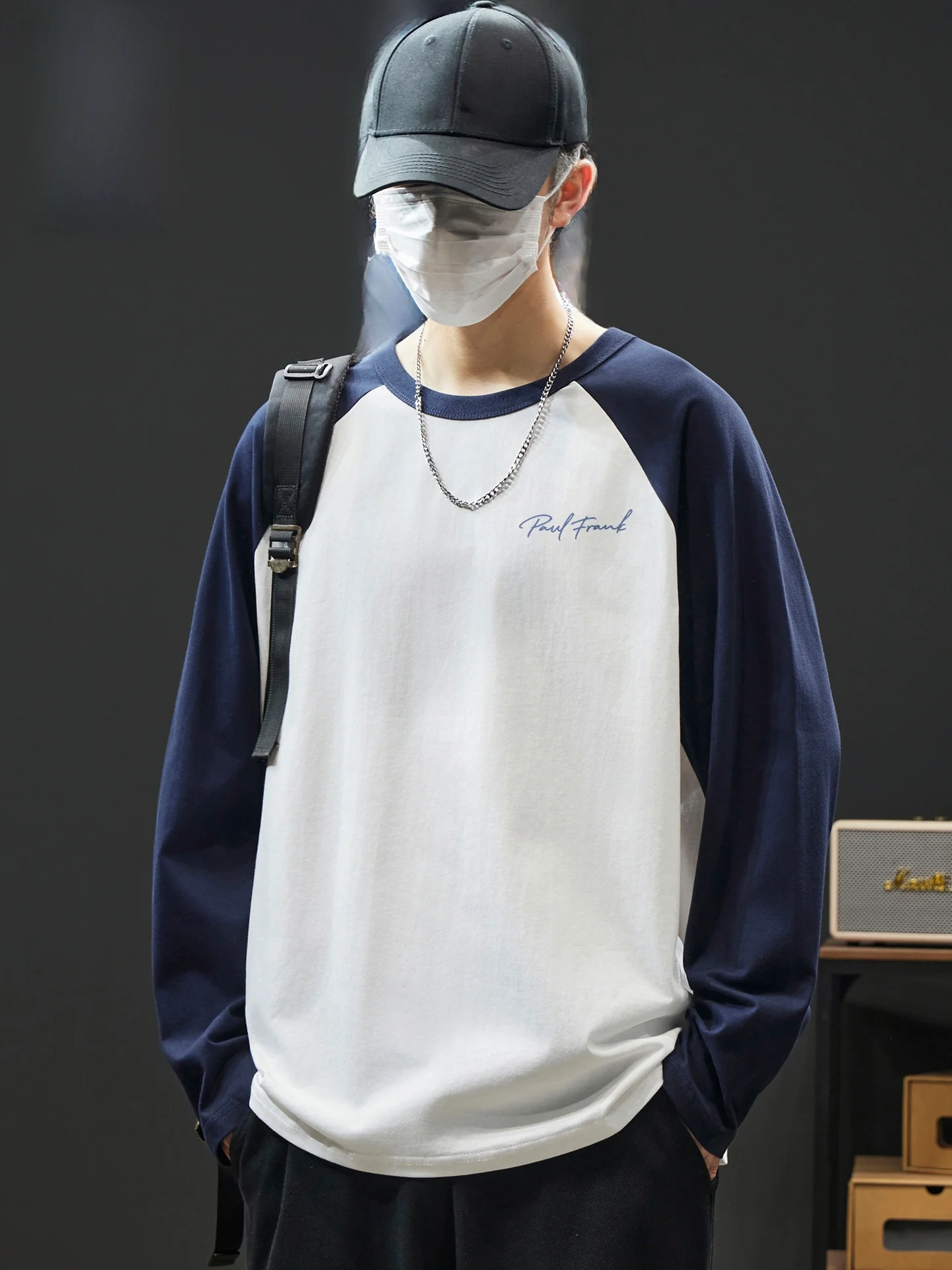 

Мужская футболка из чистого хлопка с круглым вырезом и длинным рукавом, весенняя, однотонная, с вставками на плечах