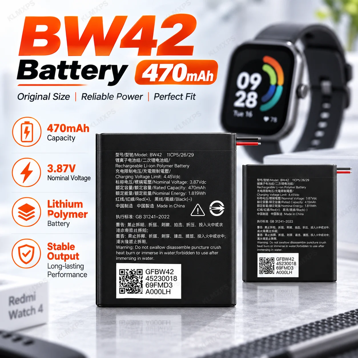 BW42 470mAh Battery Replacement for Redmi Watch 4 M2314W1 Smart Watch Lithium Polymer Rechargeable Battery with Repair Tool Kit