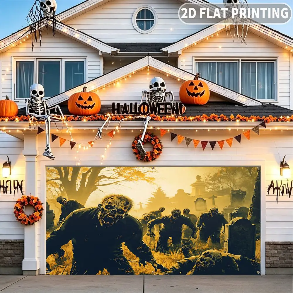 1pc 2D FLAT Halloween Party Garage Banner, Zombies Rising From Graveyard Ground Pattern, No Power Need, for Garage Door Decor